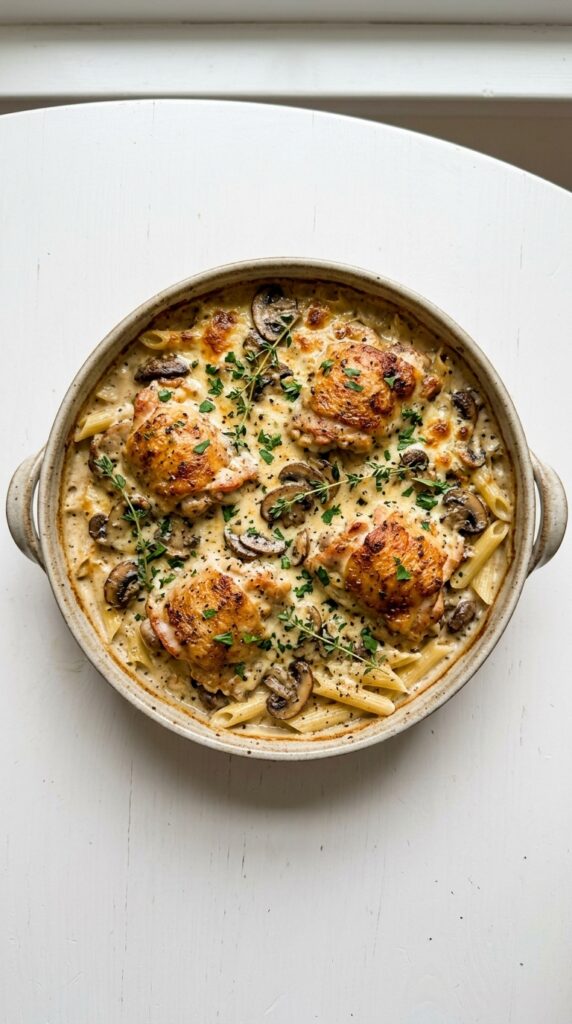 Creamy Asiago Chicken and Mushroom Bake